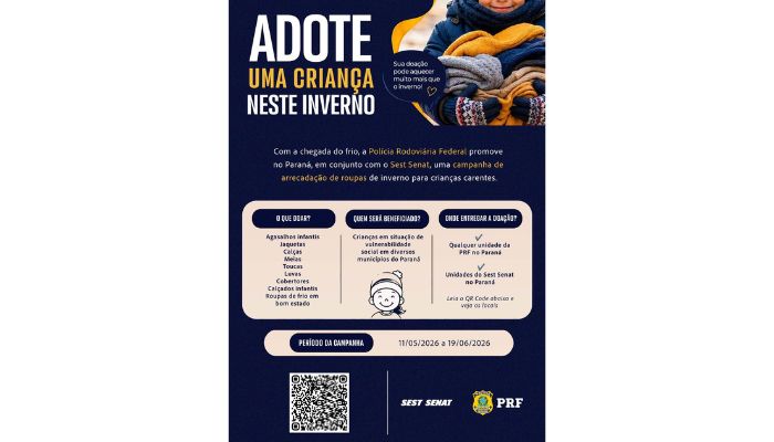 PRF lança campanha de arrecadação de roupas de inverno para crianças no Paraná